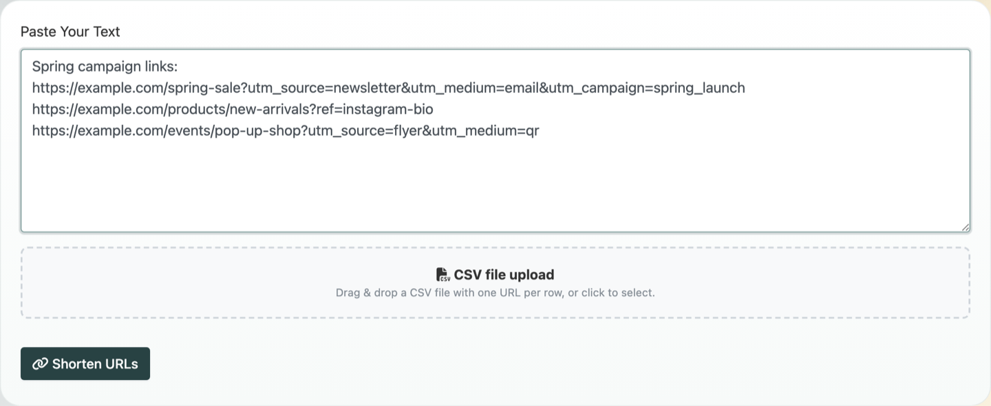 T.LY Bulk URL Shortener tool showing pasted campaign URLs, CSV upload, and the Shorten URLs button.