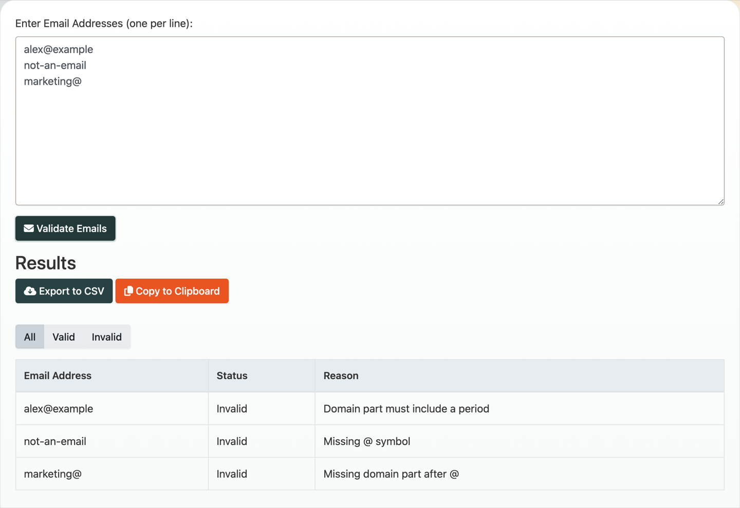 T.LY Email Checker showing pasted email addresses and validation results with reasons.