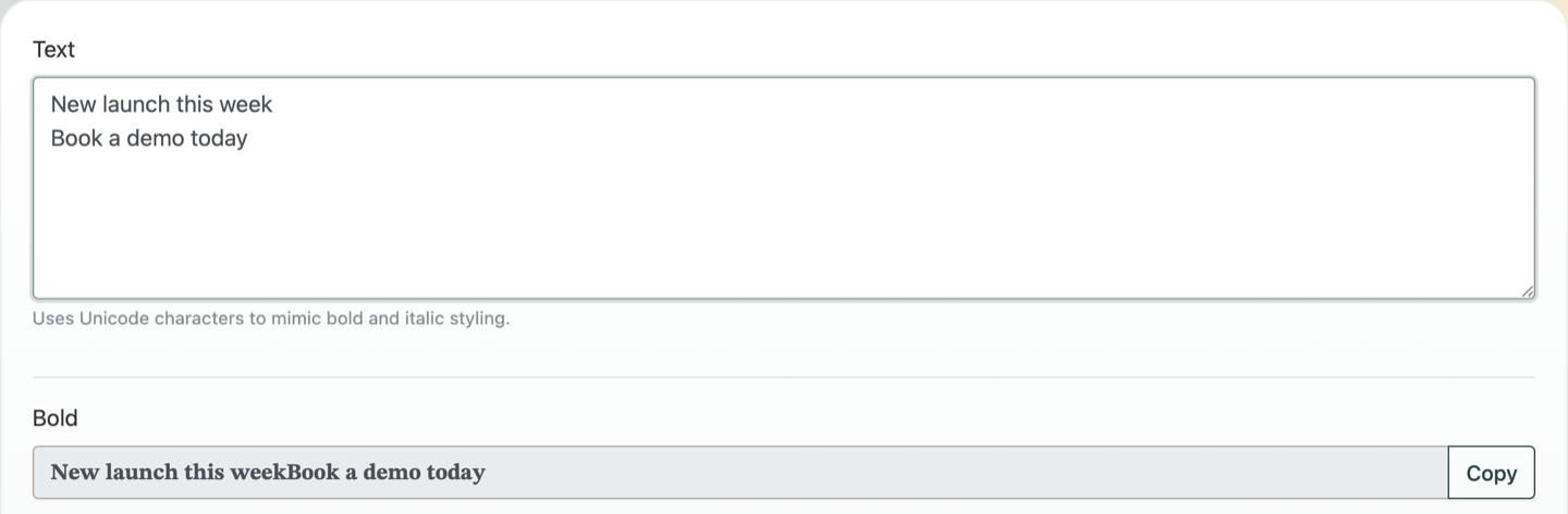 T.LY LinkedIn Bold and Italic Text Generator showing social post text and formatted output ready to copy.
