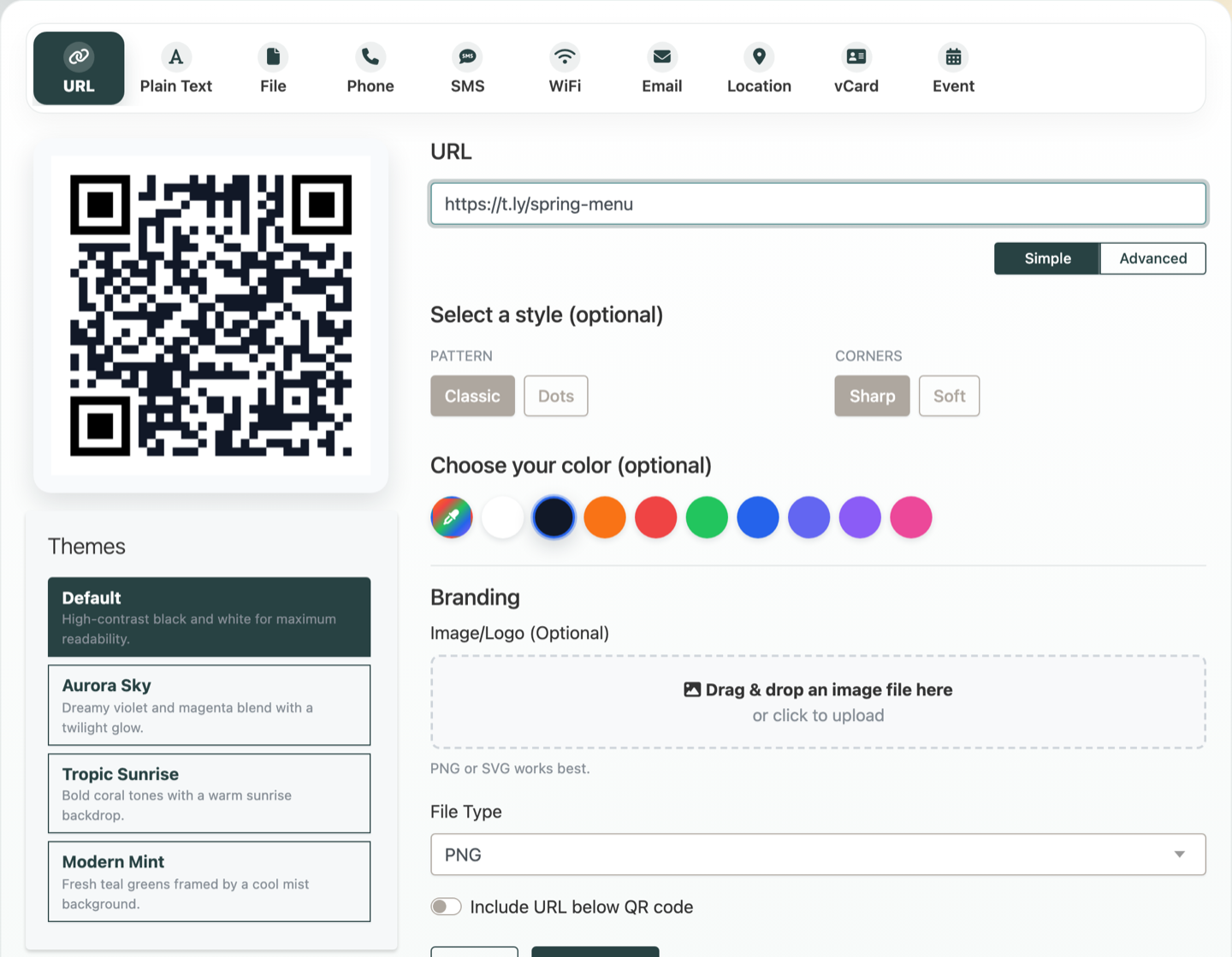 T.LY QR Code Generator showing a QR code for a t.ly link with style, color, branding, and download controls.