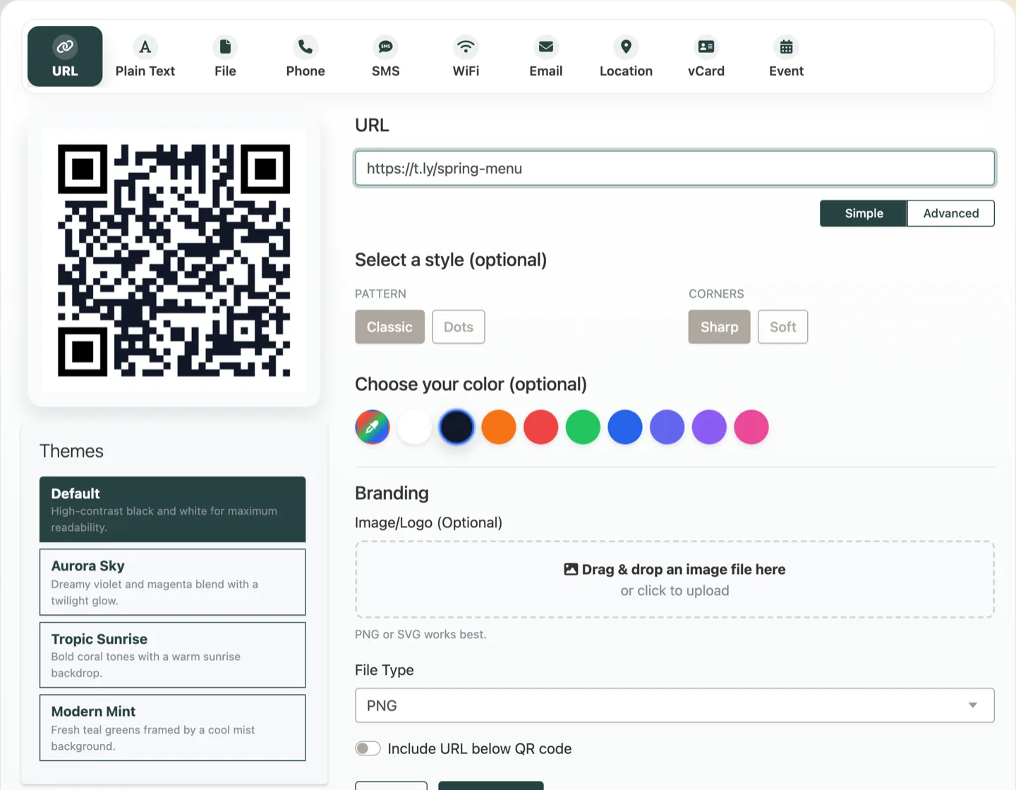 T.LY QR Code Generator showing a QR code for a t.ly link with style, color, branding, and download controls.