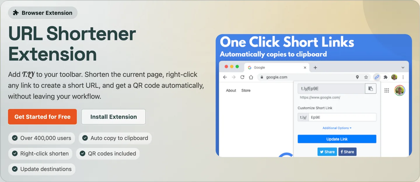 T.LY URL Shortener Extension product page showing one-click short links, toolbar workflow, and extension preview.
