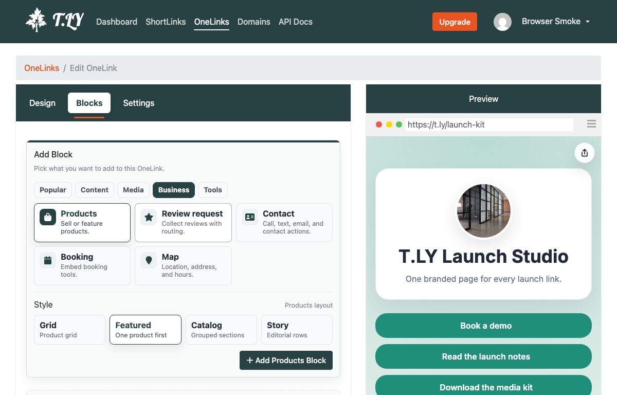 OneLinks block builder screenshot