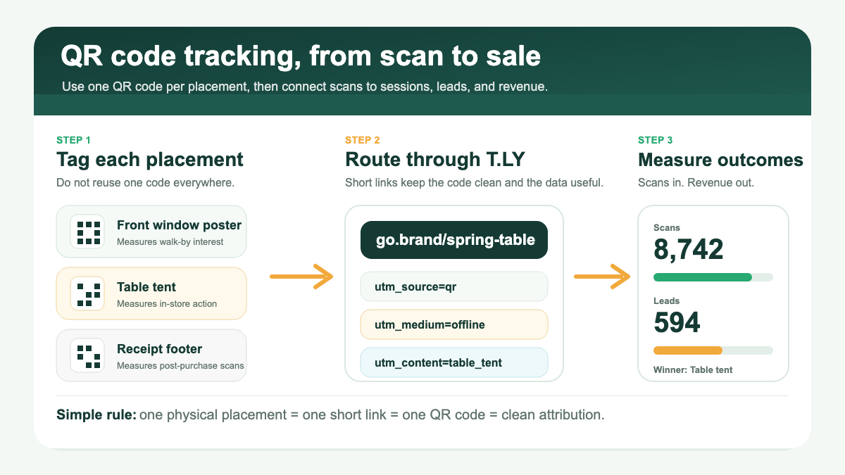 Infographic showing the QR tracking stack from physical placement to branded link, analytics, and outcome