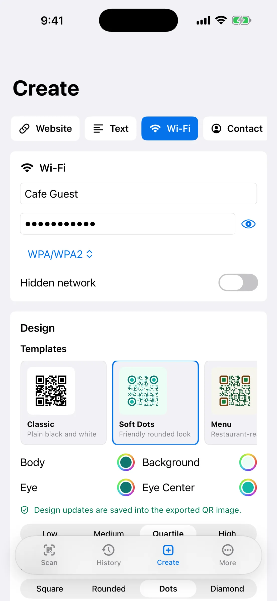 Creating a QR code on iPhone with the free QR Code Scanner & Creator