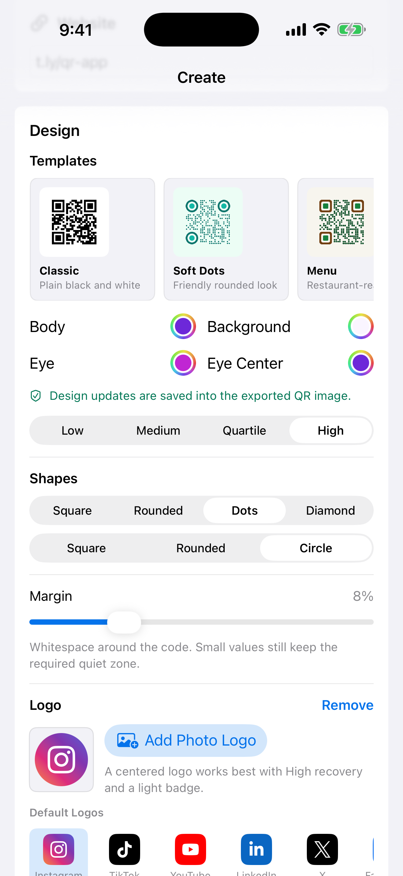 Designing a QR code with colors, shapes, templates, and logo options on iPhone