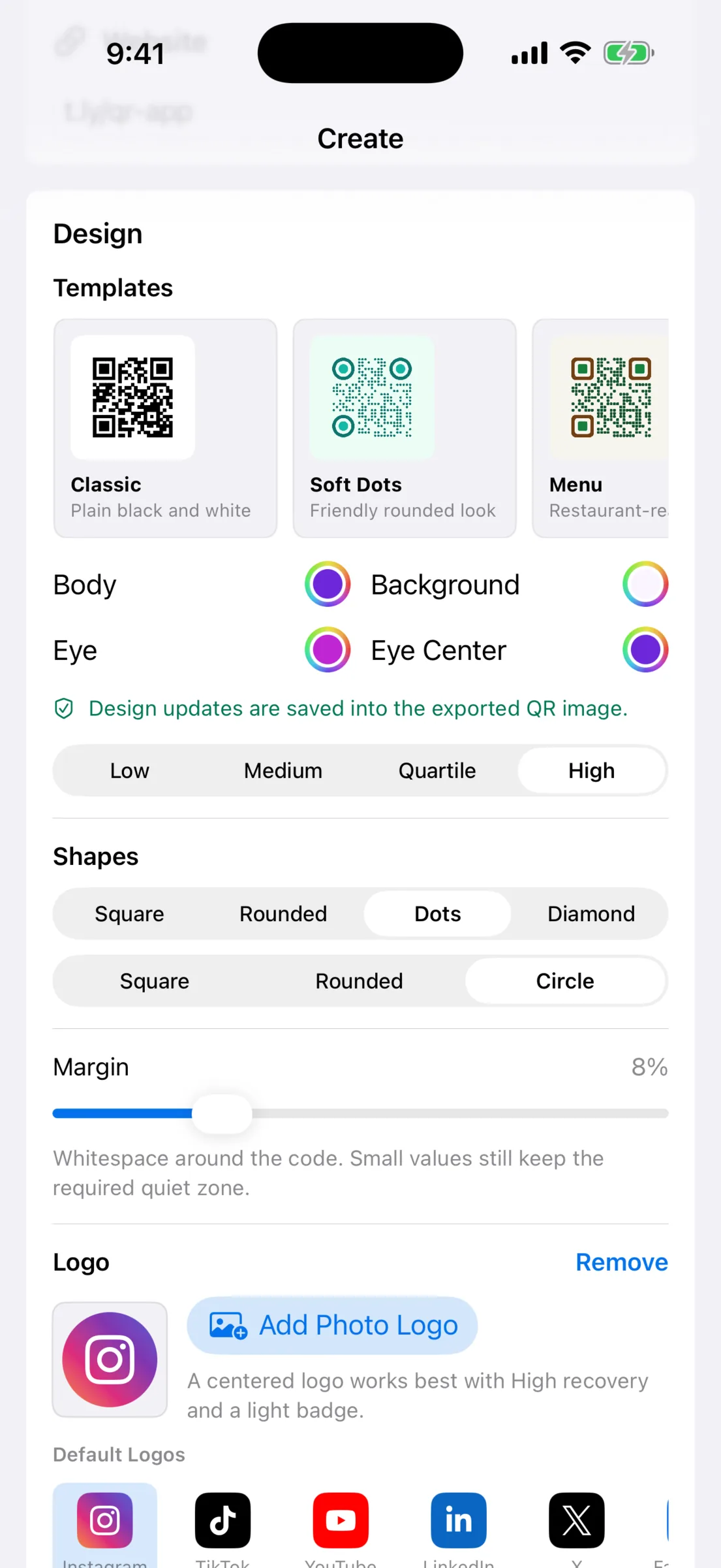 Designing a QR code with colors, shapes, templates, and logo options on iPhone