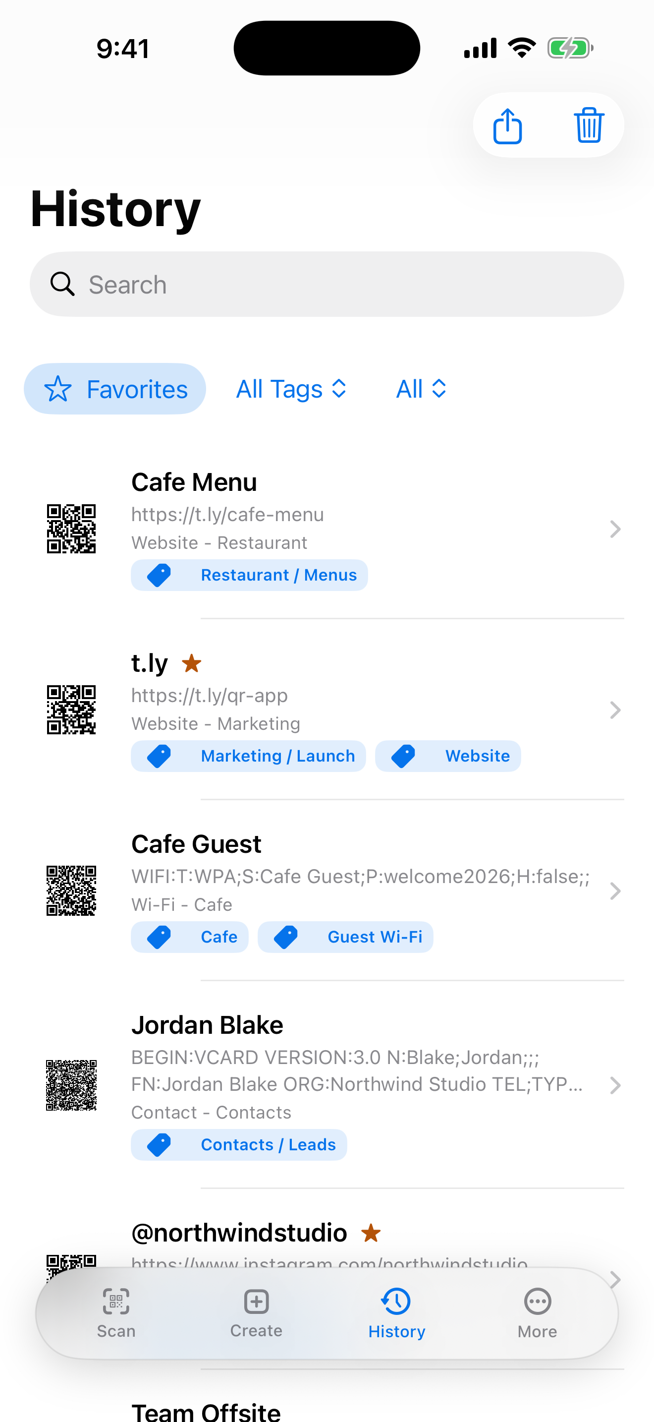 Searchable QR scan history with favorites, folders, and CSV export