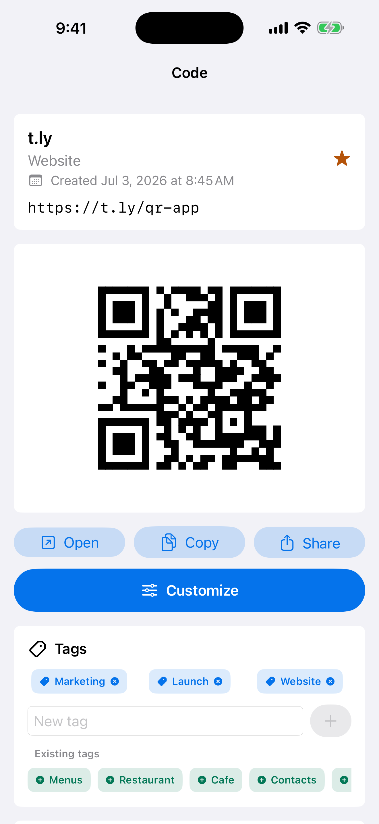 Organizing a saved QR code with tags, notes, and favorite controls