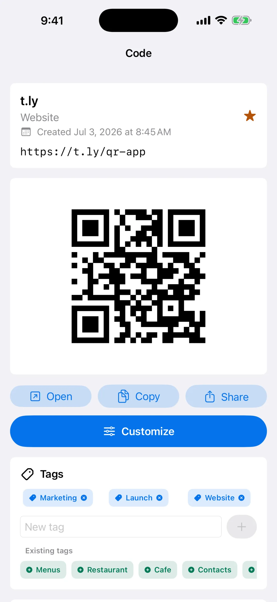 Organizing a saved QR code with tags, notes, and favorite controls