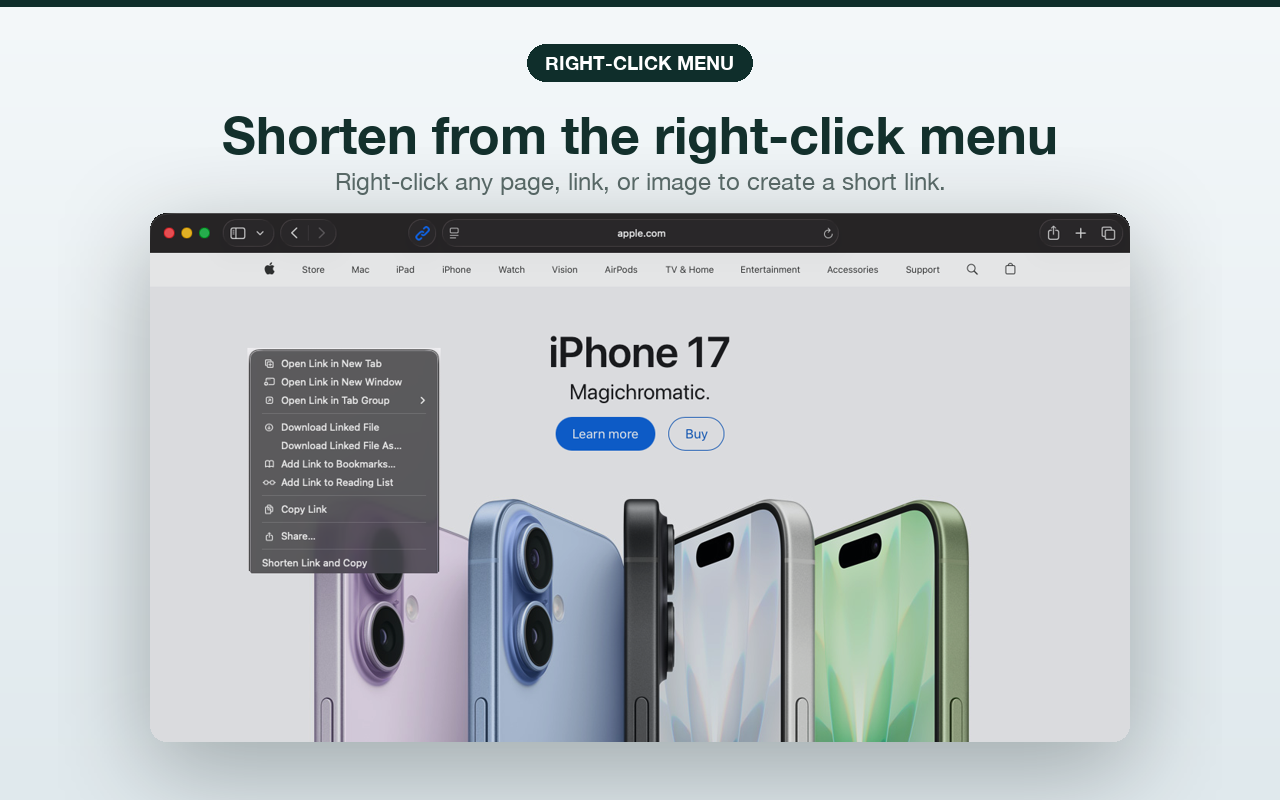Safari right-click menu showing the T.LY Shorten Link and Copy action.