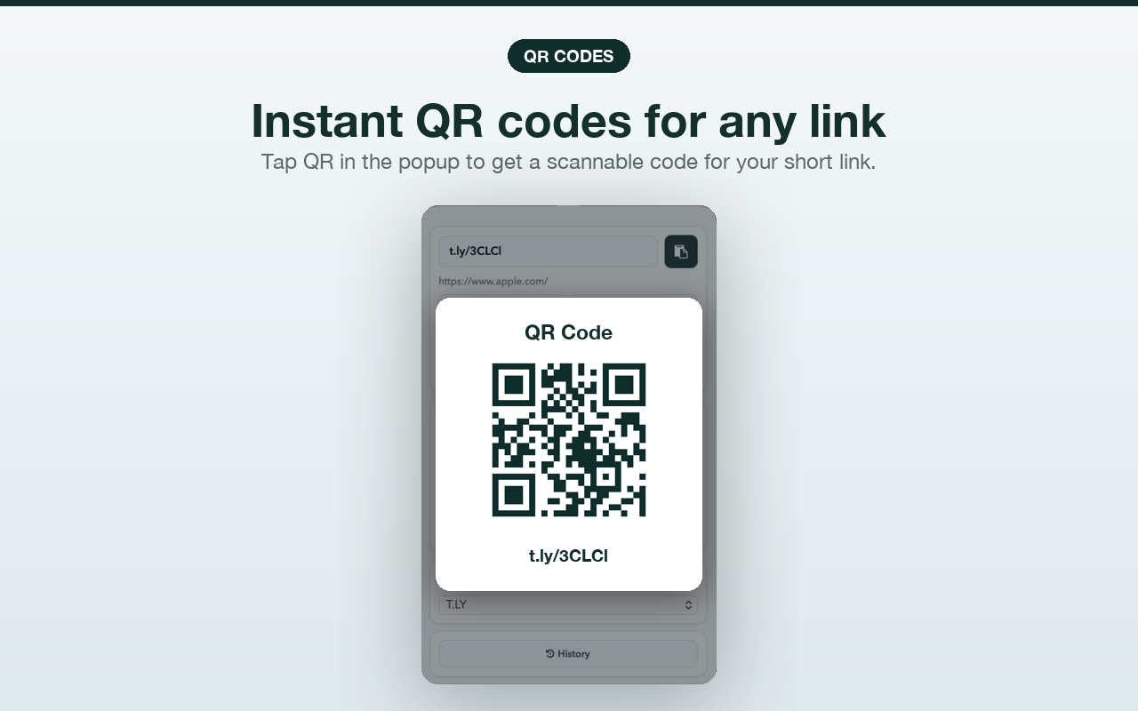 T.LY Safari extension showing an instant QR code for a short link.