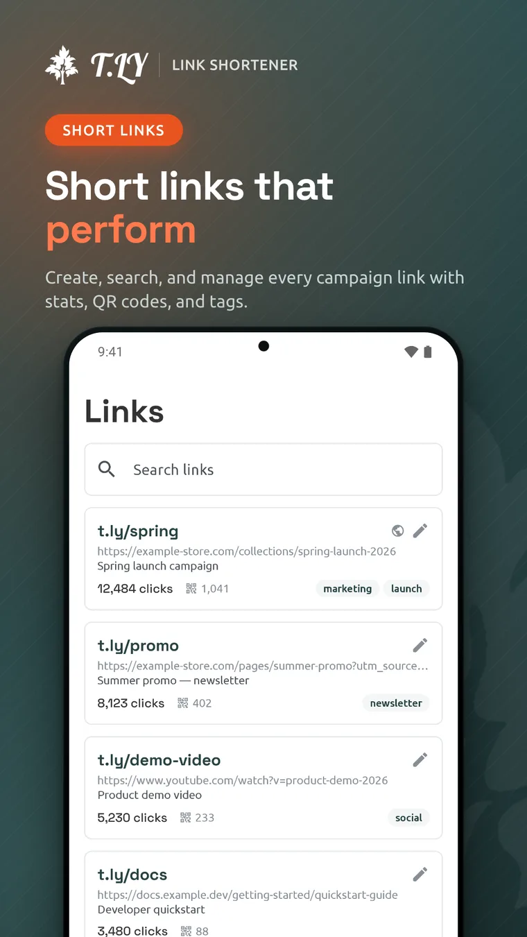 T.LY Android app showing searchable campaign short links, click totals, QR scans, and tags