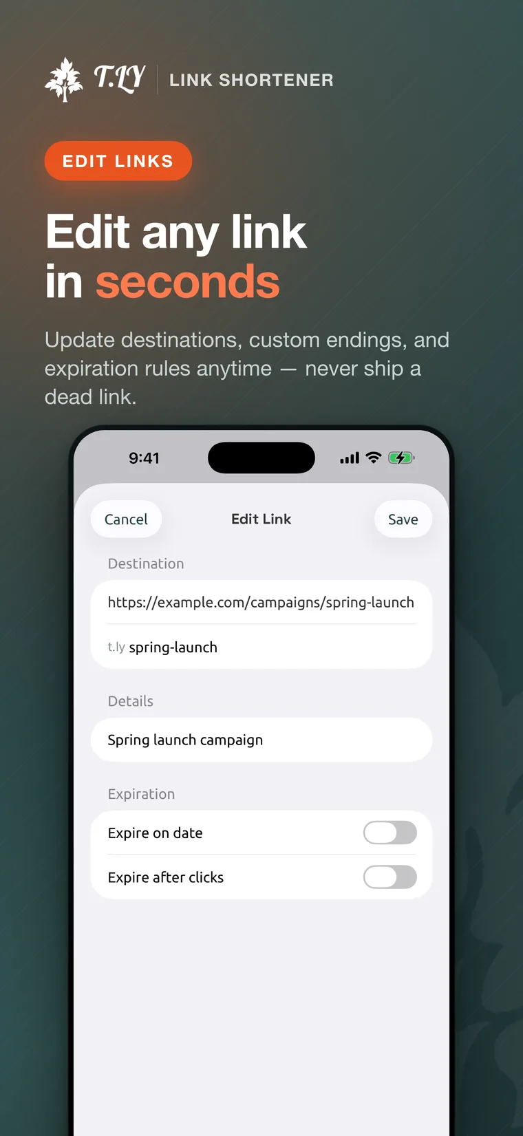 Editing a T.LY short link in the iOS app