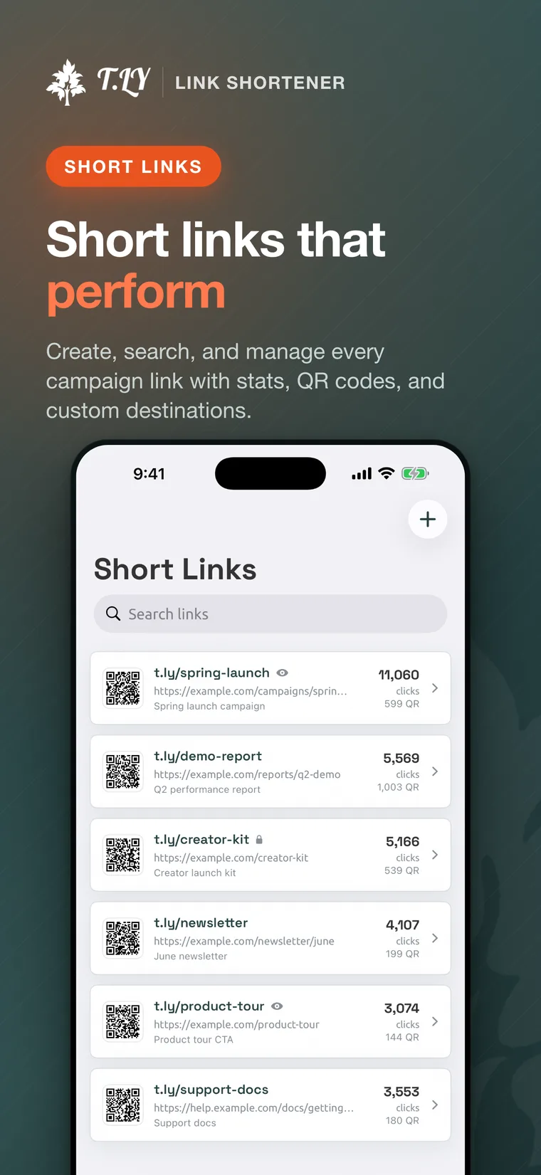 T.LY iOS app showing short link management on iPhone