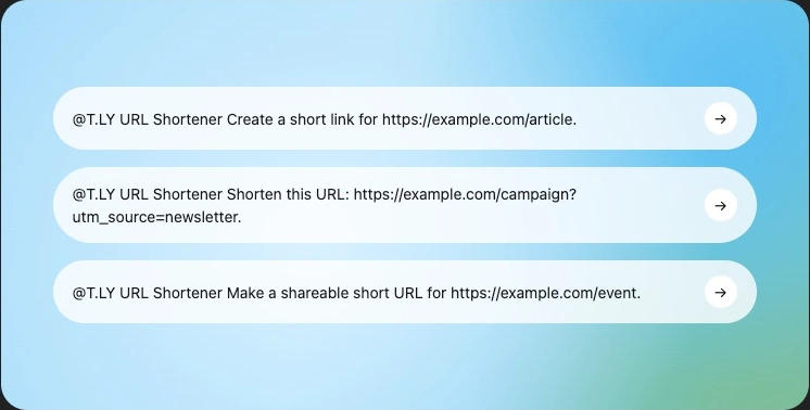 Example prompts from the T.LY ChatGPT listing for an article, a newsletter campaign, and an event page.