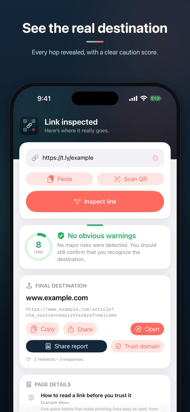 BeforeTap inspection result showing a link's risk score and final destination