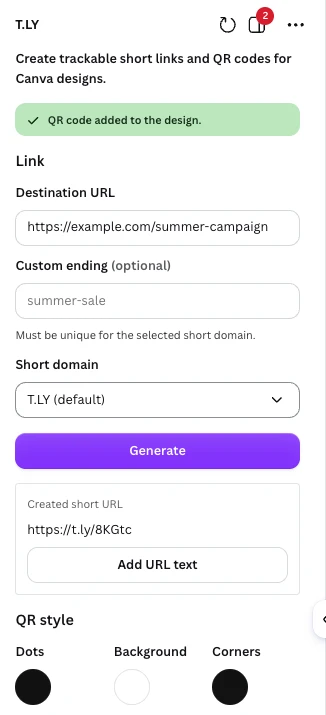 T.LY Canva app displaying the created short URL, Add URL text button, and QR color controls.