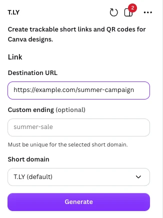 T.LY Canva app showing Destination URL, optional Custom ending, Short domain, and Generate.