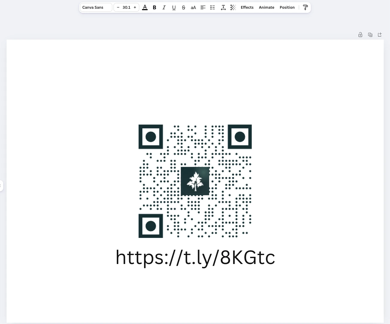 Canva design showing a styled T.LY QR code with a center logo and its short URL underneath.