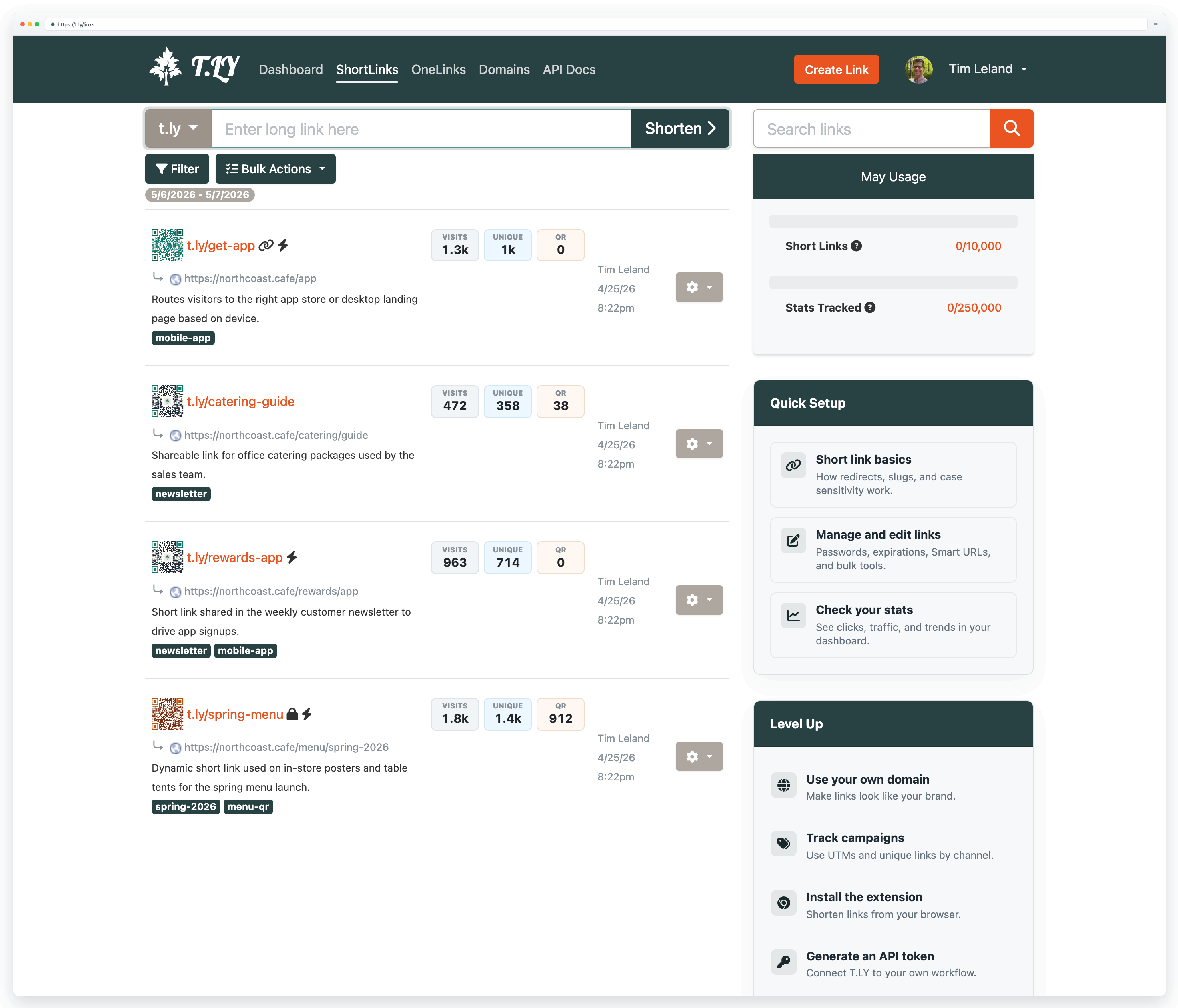 T.LY Links dashboard showing demo short links on the t.ly domain for spring menu, rewards app, and catering guide.