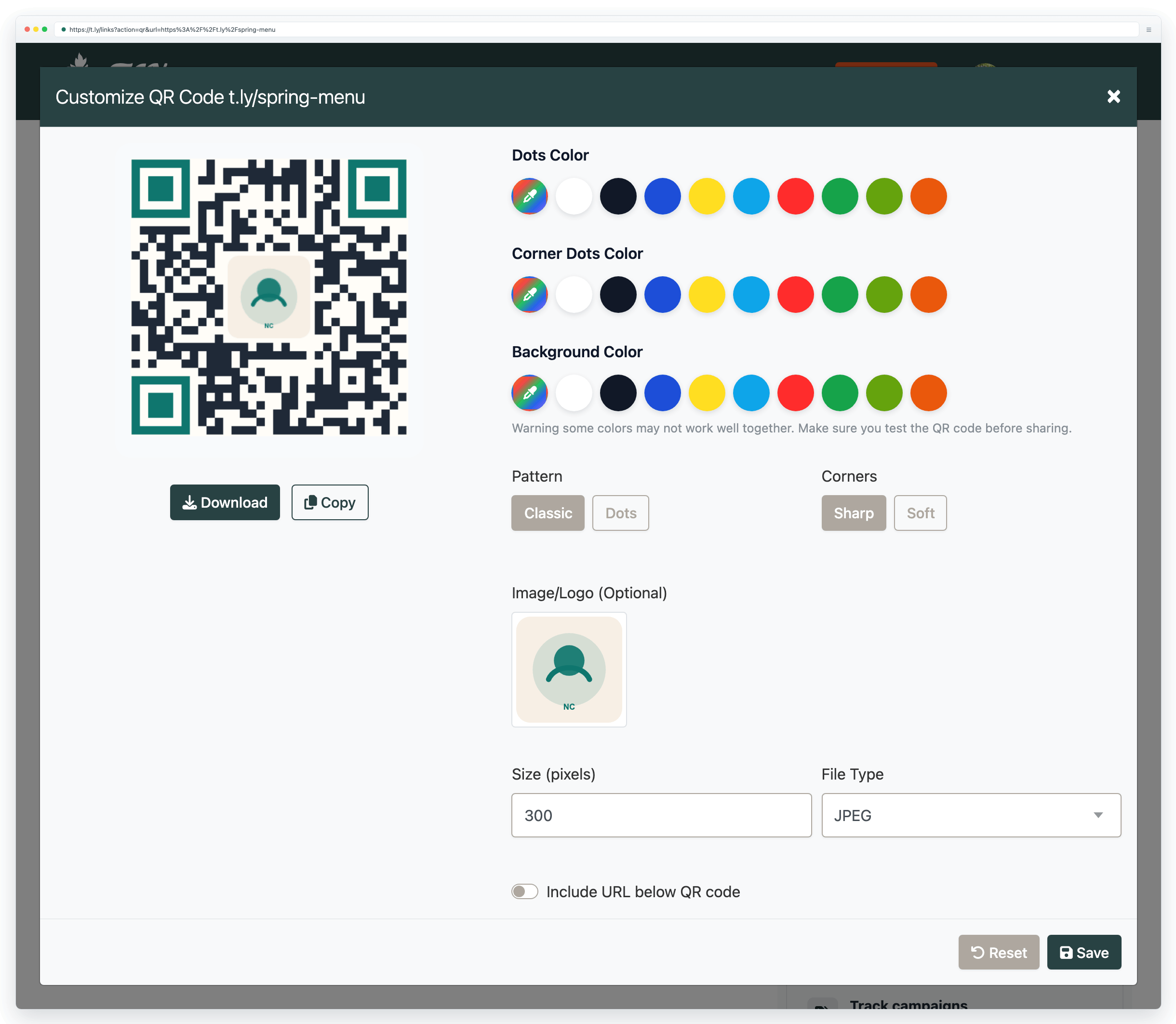 T.LY QR Code Generator on the t.ly domain showing a generated QR code with style, color, and branding controls.
