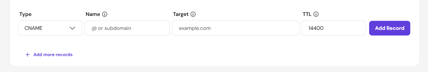 The CNAME record form in Hostinger DNS settings.