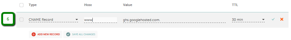 The CNAME record fields in Namecheap Advanced DNS.