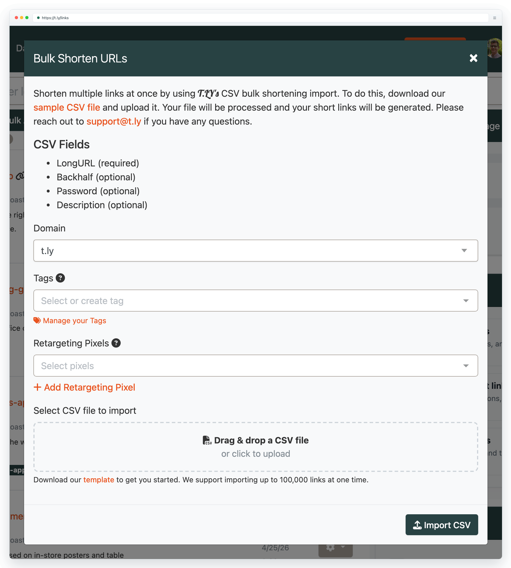 Bulk import modal in the Links dashboard showing CSV upload options, tag selection, and the t.ly domain selector.