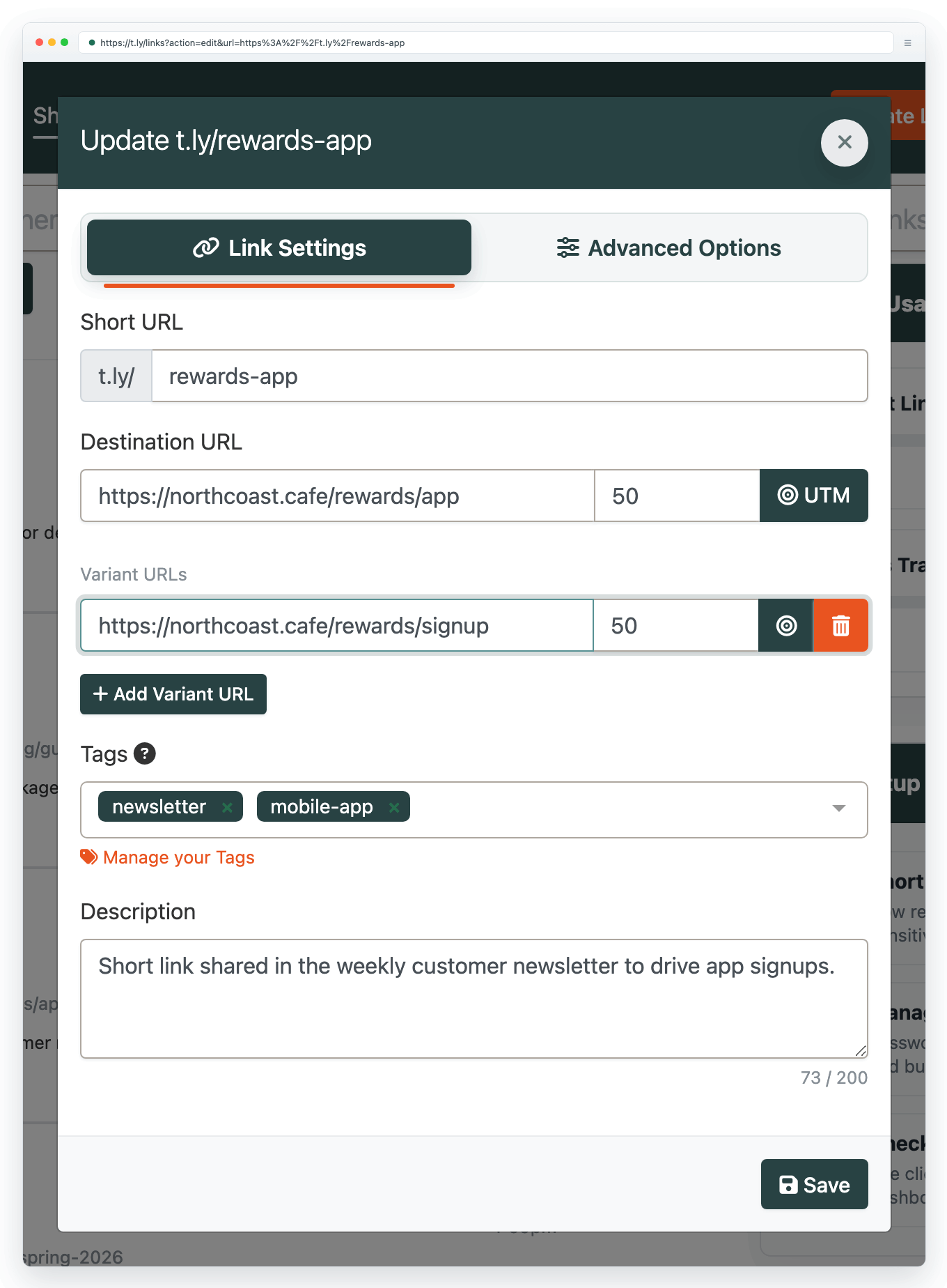 T.LY link editor showing A/B rotation variant URLs and weight fields.