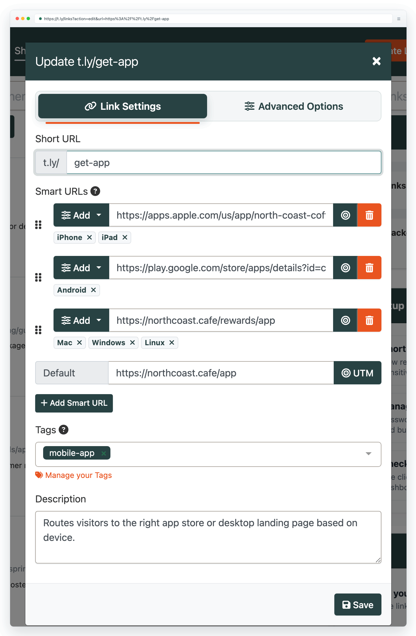 T.LY Smart URLs editor on the t.ly domain showing routing rules for a short link.