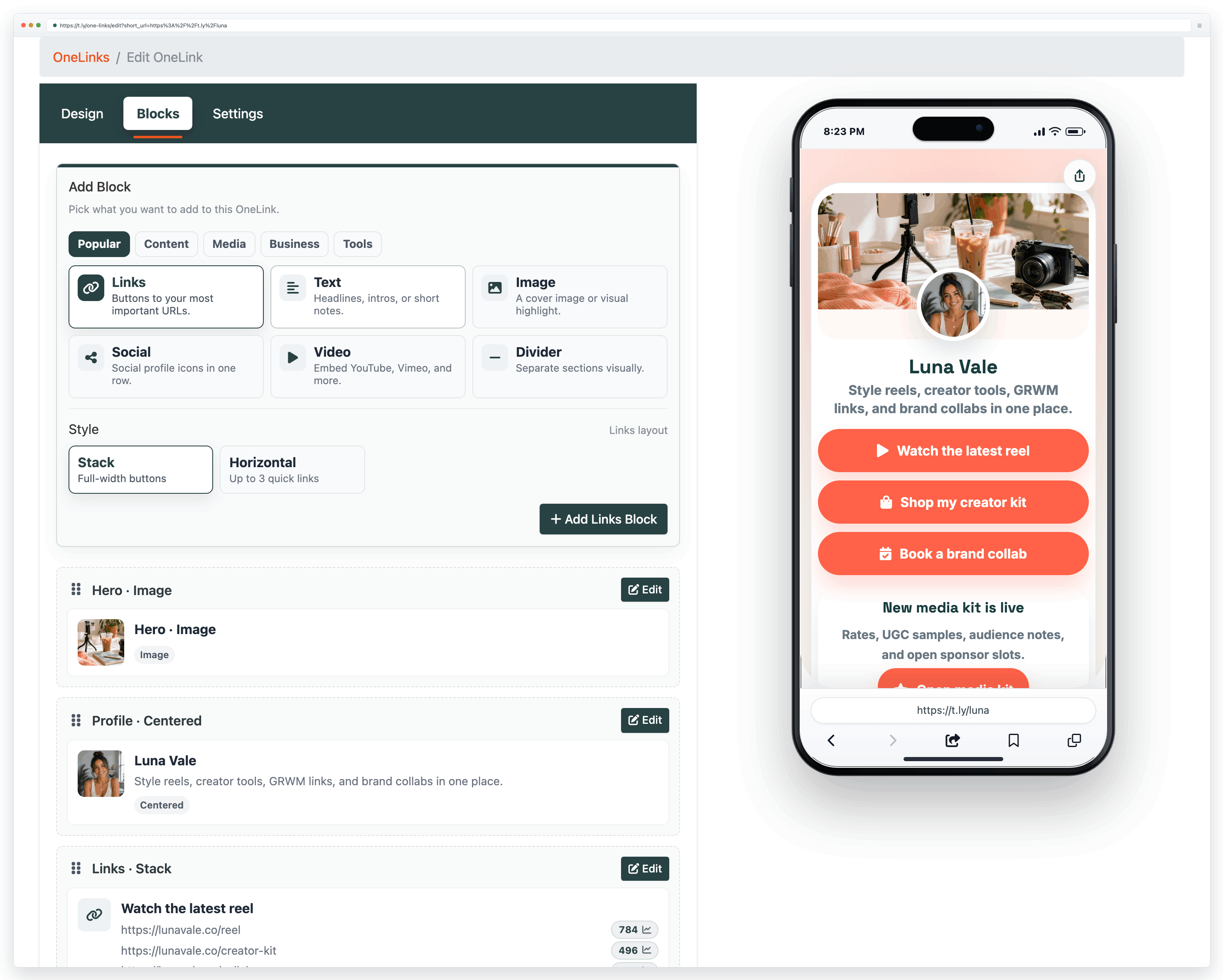 OneLink editor on the Design tab showing template selection, theme controls, and live preview.
