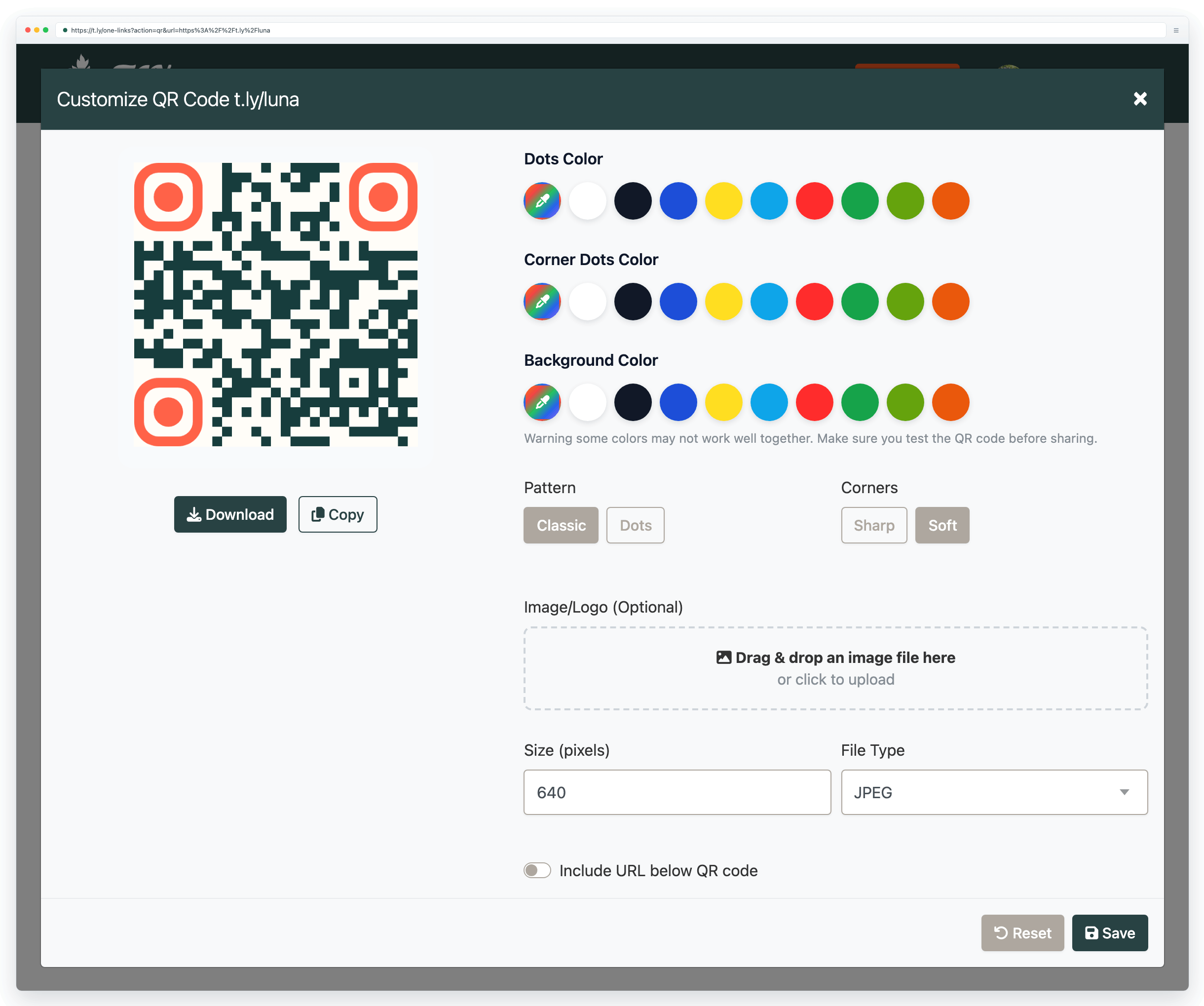 QR code sharing modal for a OneLink page showing a branded QR preview and download options.