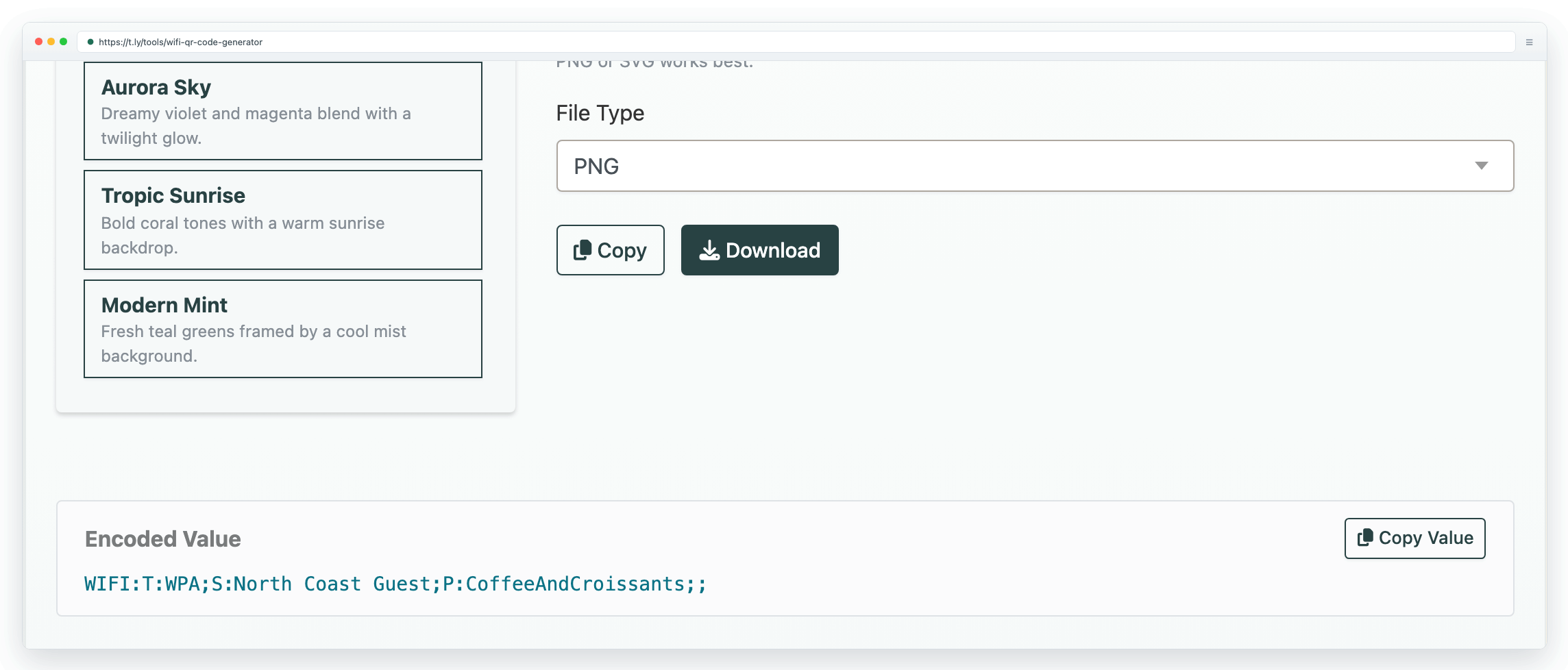 WiFi QR generator showing network name, password, and security type fields filled for a guest network.