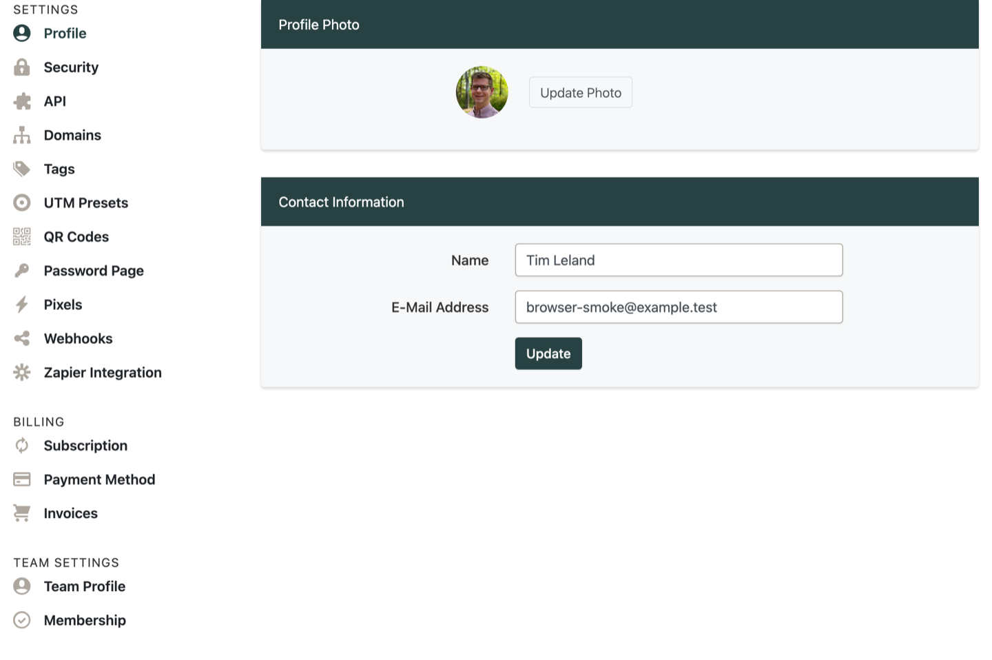T.LY account settings profile screen on the t.ly domain showing the Tim Leland profile photo, name field, email field, and settings navigation.