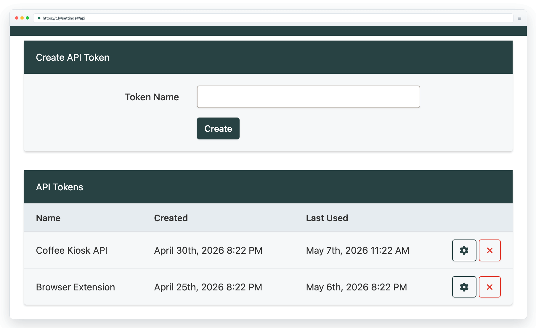 T.LY API token settings on the t.ly domain showing where to generate an API key for the WordPress plugin.