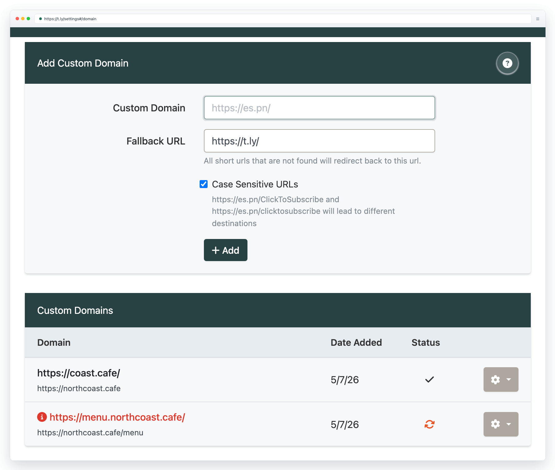 Domains settings showing a verified coast.cafe domain and a second custom domain pending verification.