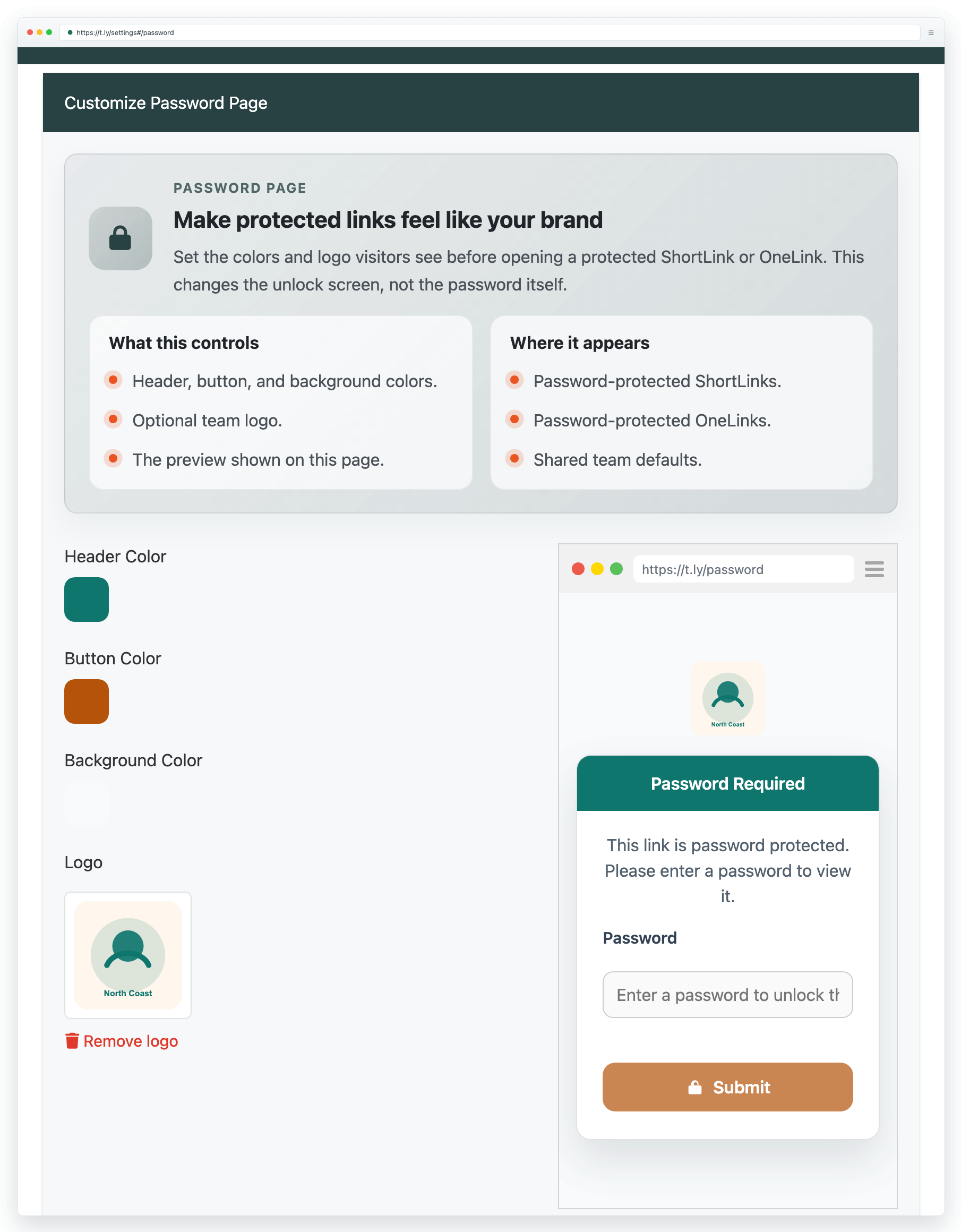 Password page settings showing customizable colors, logo upload, and branded preview controls.