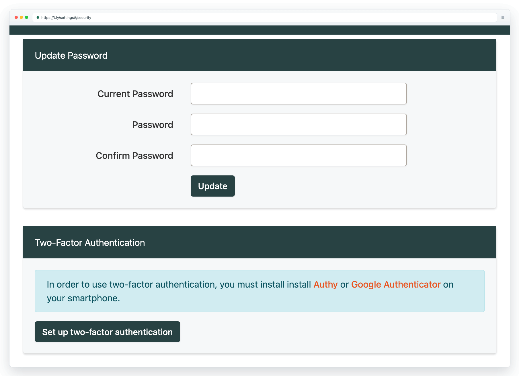 Security settings showing the Two-Factor Authentication section in the account settings area.