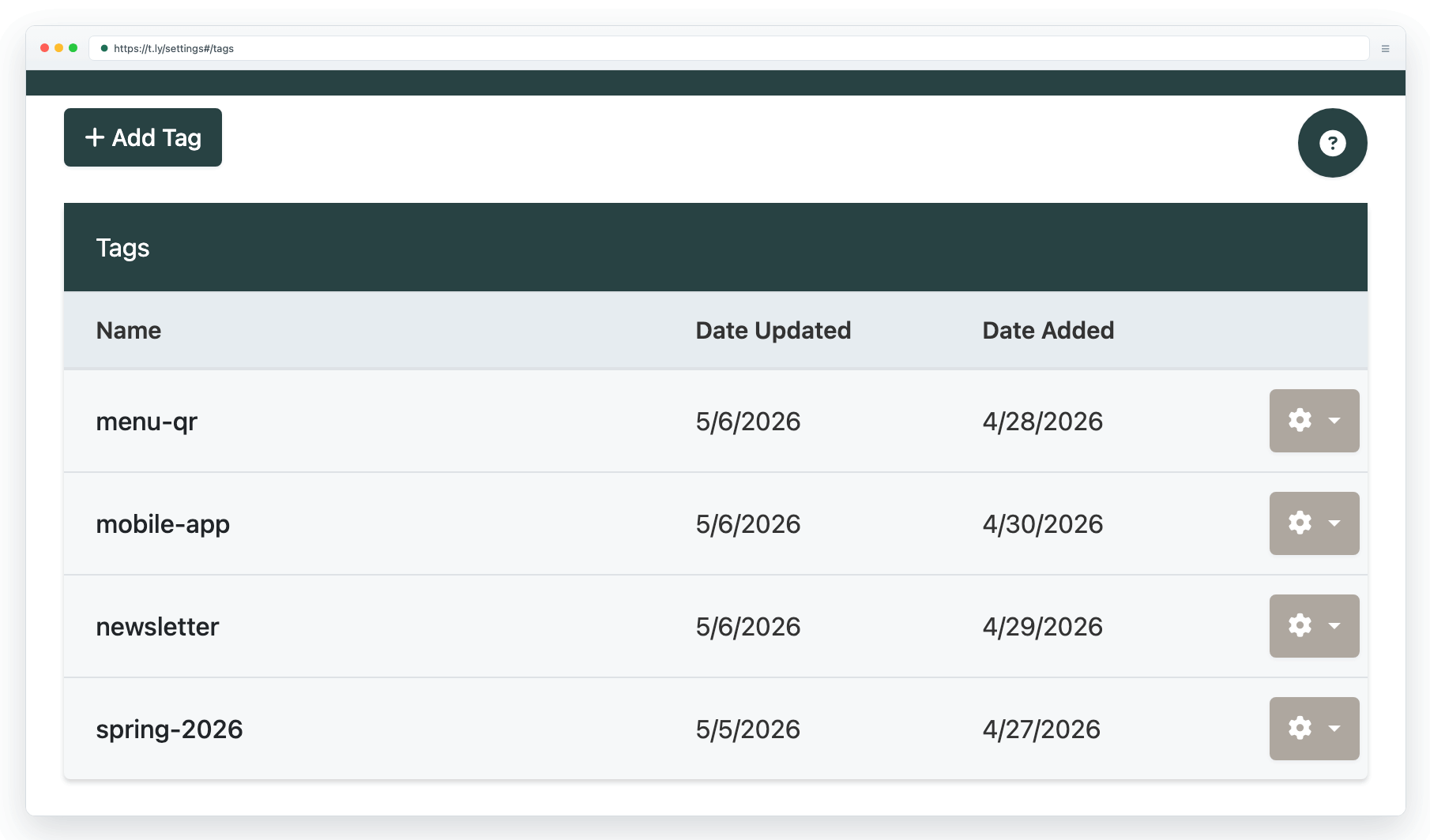 Tags settings showing reusable tags like spring-2026, menu-qr, newsletter, and mobile-app.