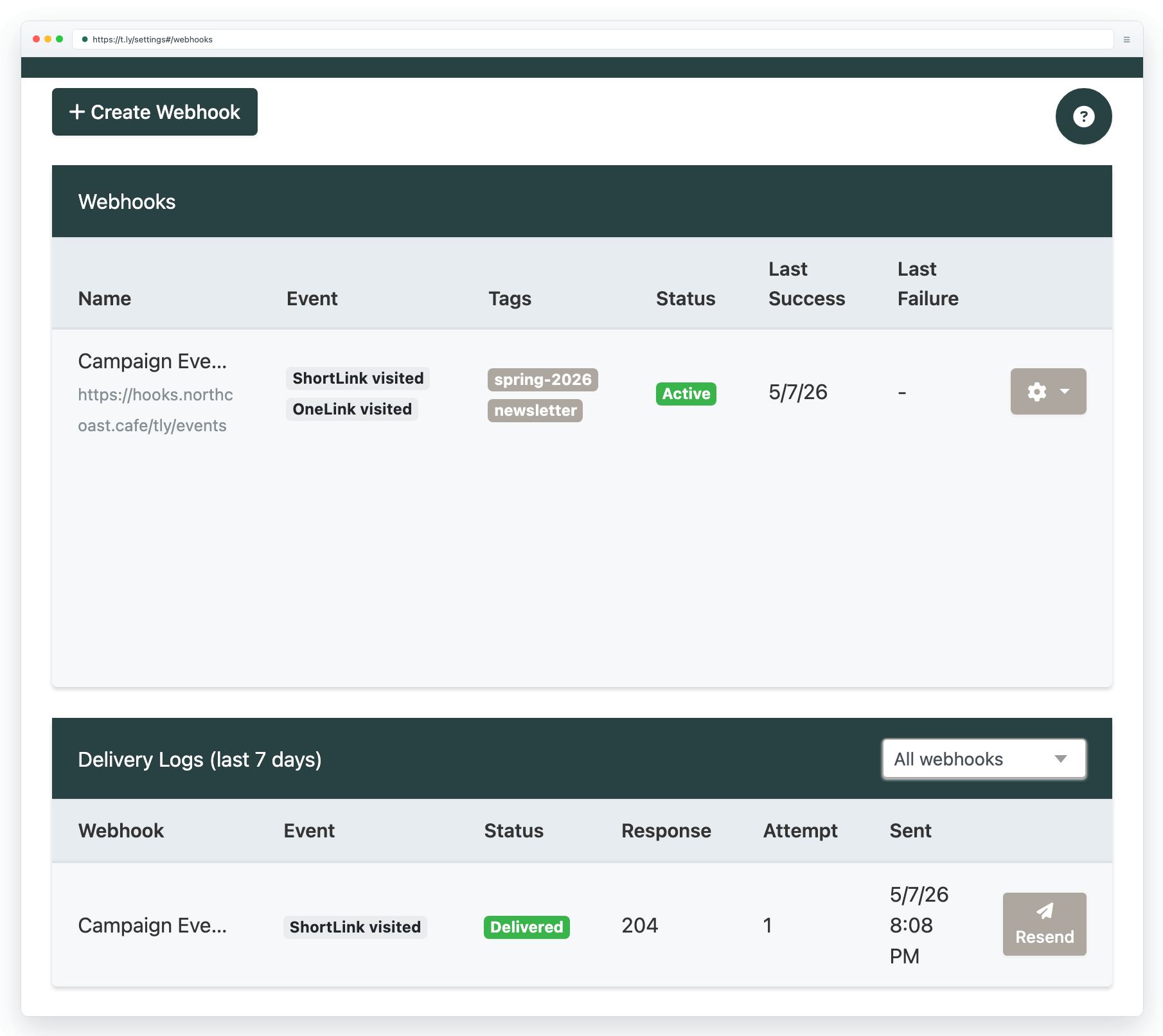 Webhook settings in T.LY
