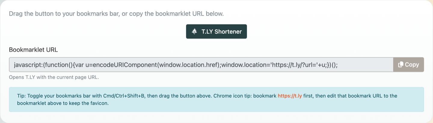 T.LY URL Shortener Bookmarklet tool on the t.ly domain showing the draggable bookmarklet button, bookmarklet URL, and copy button.