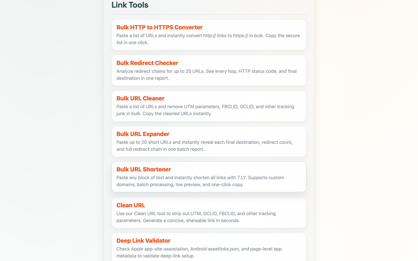 T.LY Link Tools hub on the t.ly domain showing bulk URL tools, link expansion, redirect checking, and URL cleanup tools.