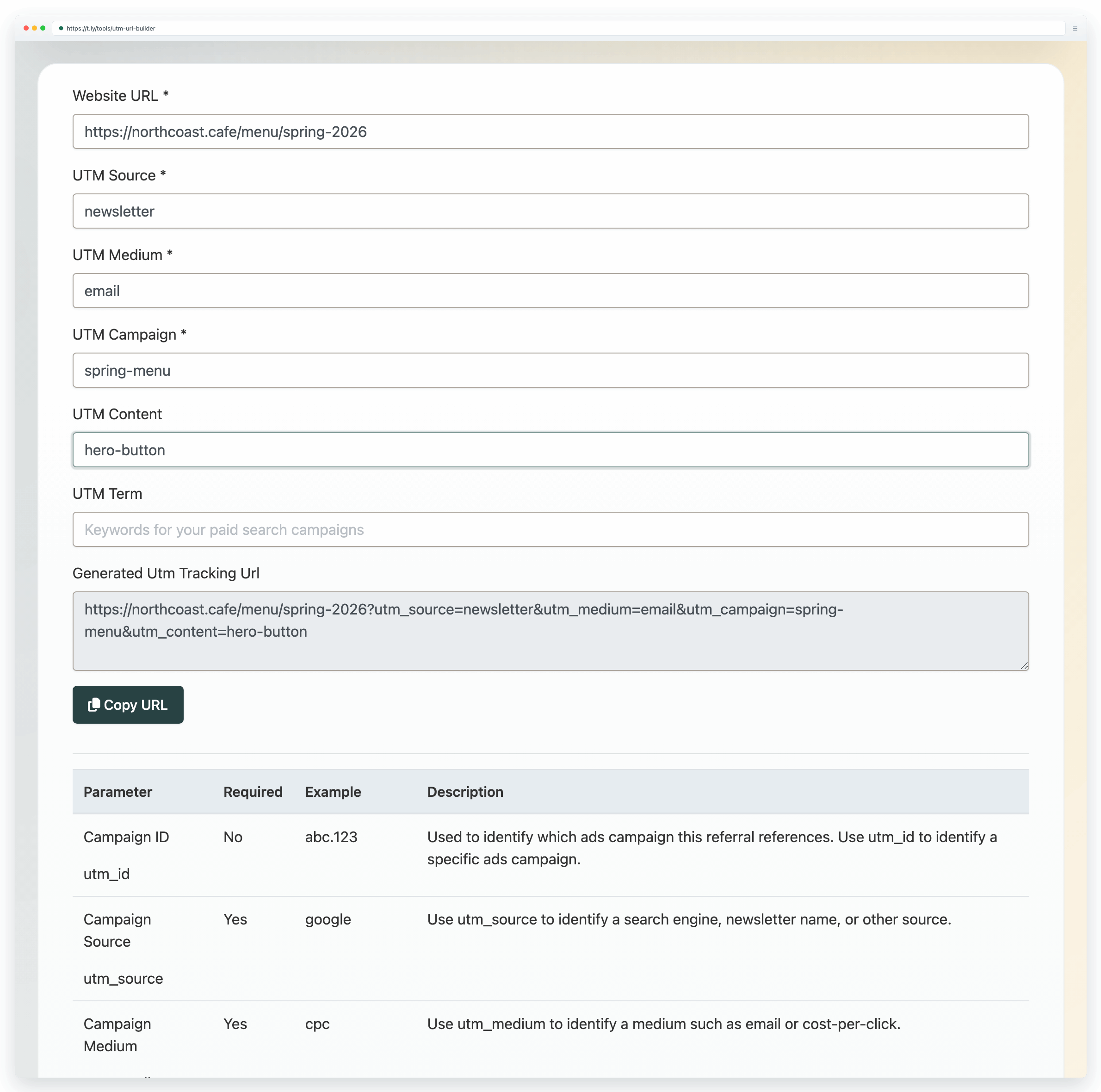 T.LY UTM Builder with source, medium, campaign, content, and generated tracking URL fields filled in.