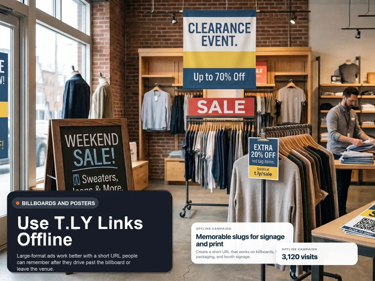 T.LY print-and-signage use-case mockup built from branded short-link setup screens.