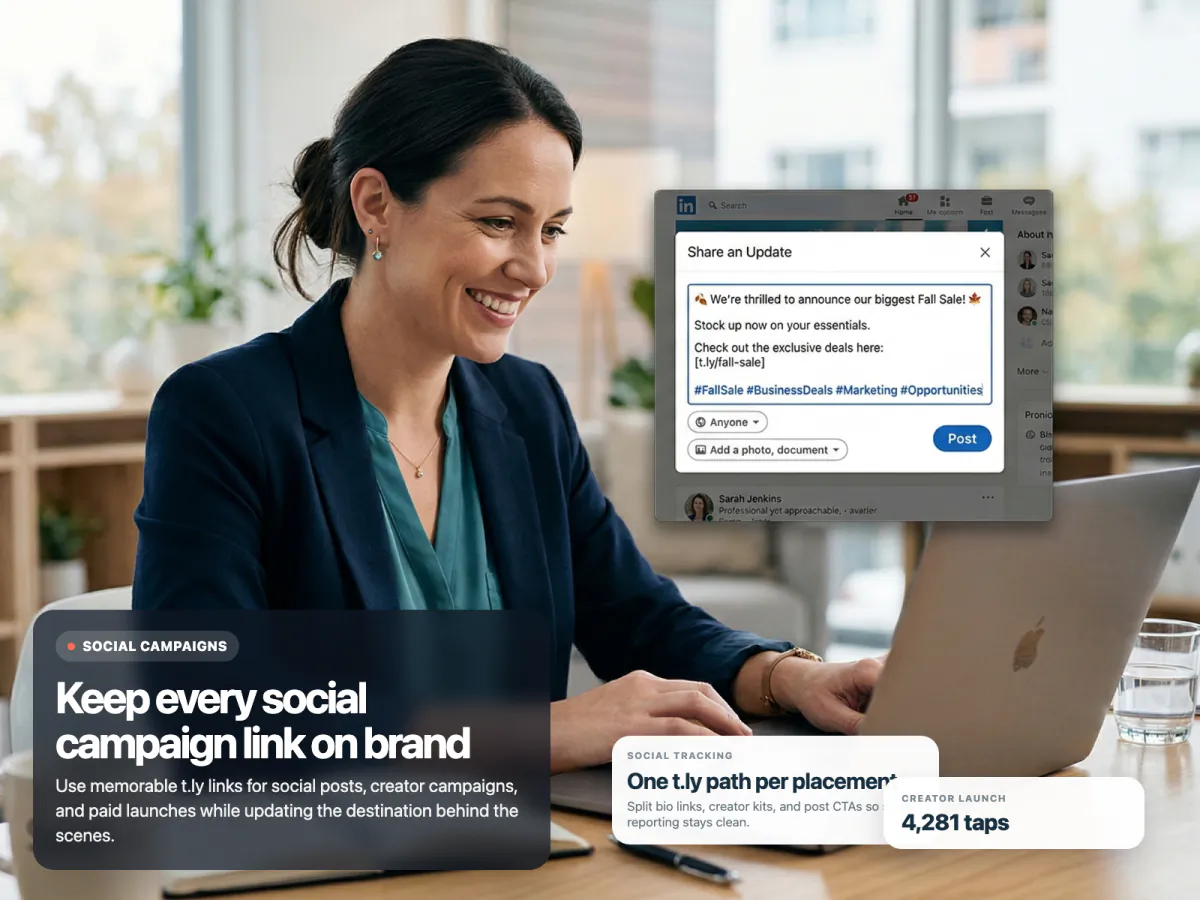 T.LY social-media use-case mockup built from the Link Management dashboard.