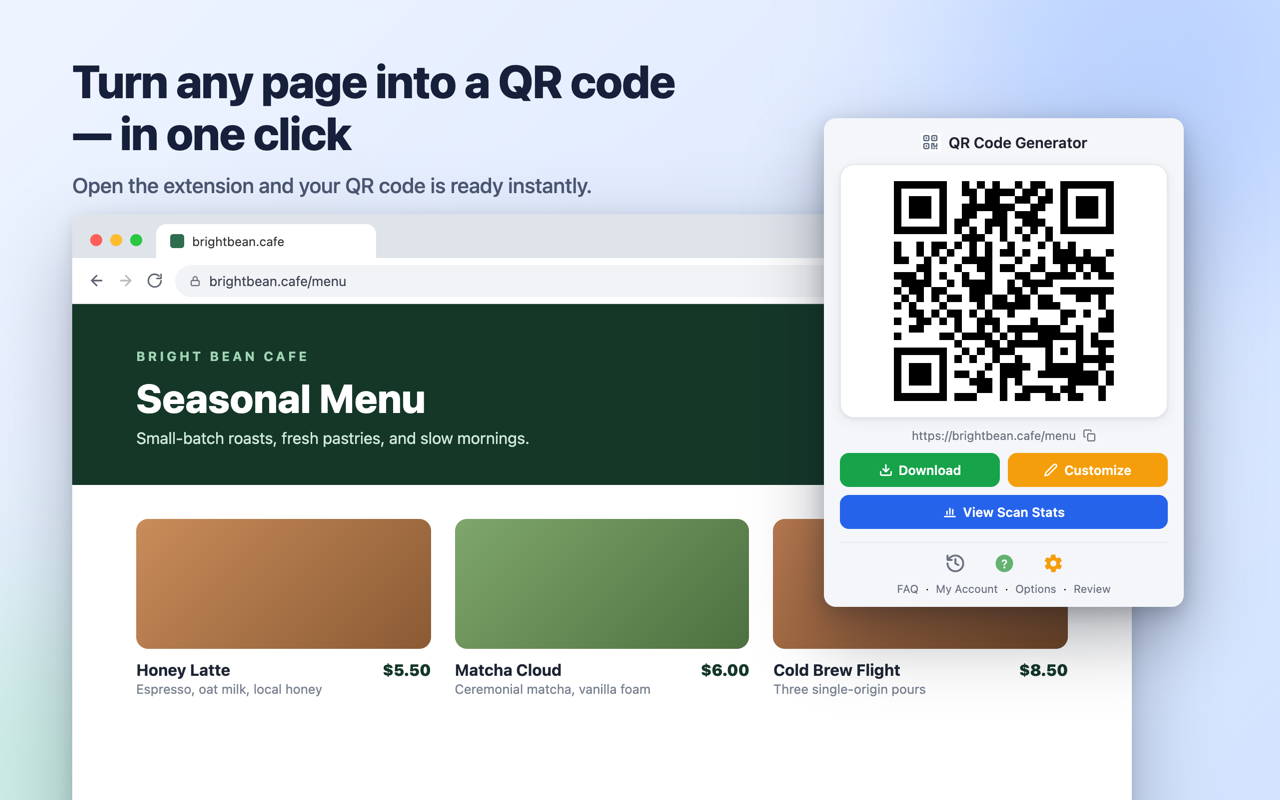 QR Code Extension popup generating a QR code from the current browser tab
