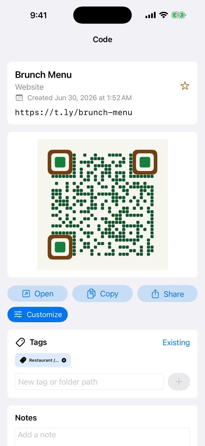 QR code detail screen on iPhone with notes, copy, share, and regenerate options