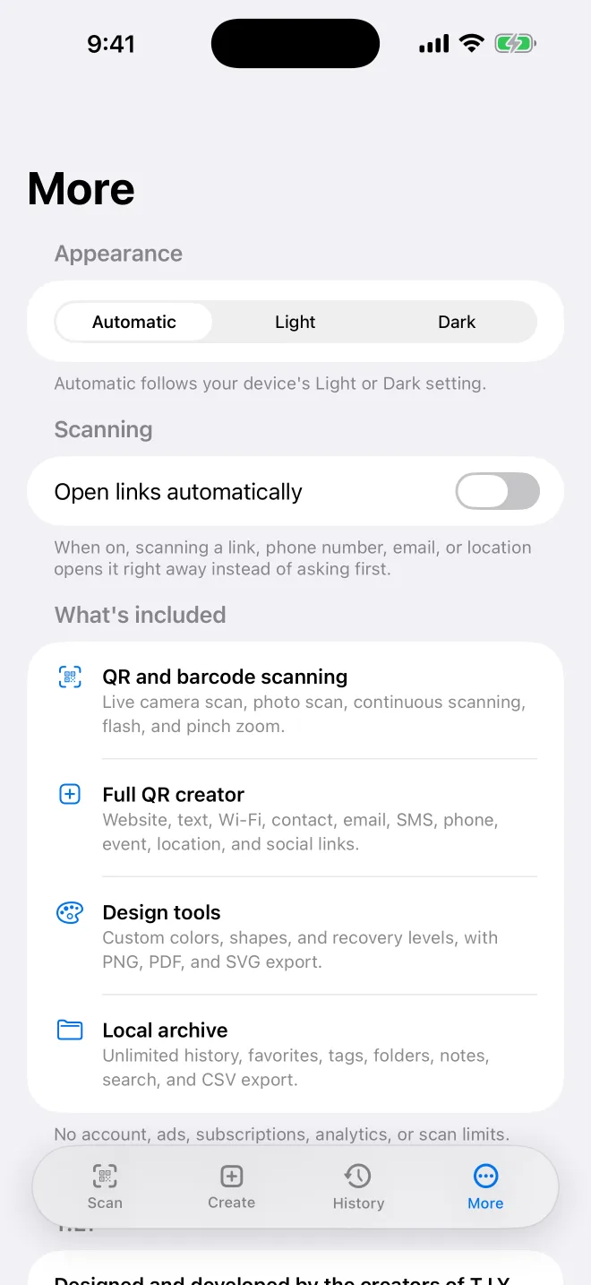 QR scanner app settings screen confirming no account, ads, subscriptions, or tracking