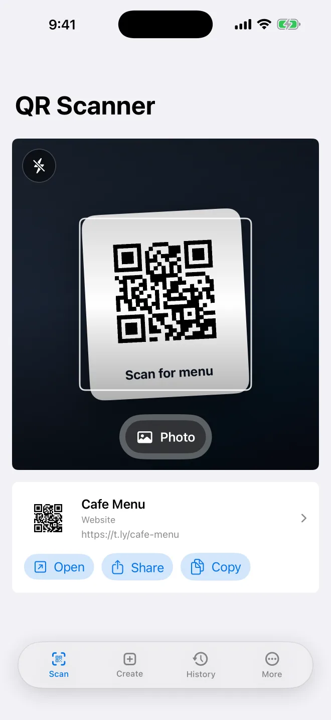 Free QR Code Scanner app on iPhone scanning a QR code with the live camera scanner